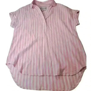 Lola River Top Womens Small Popover Linen Blend Pink White Striped Lightweight